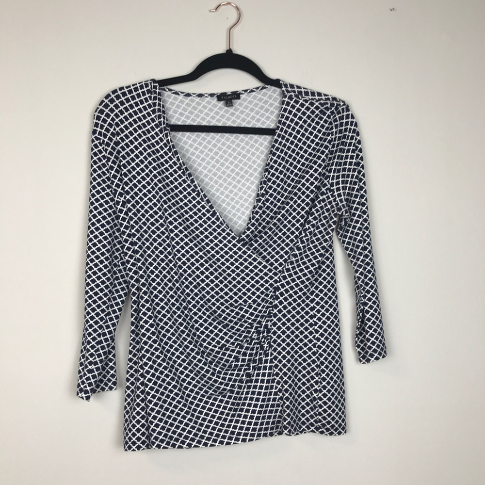 Talbots Small faux wrap 3/4 sleeve top blue Sz S